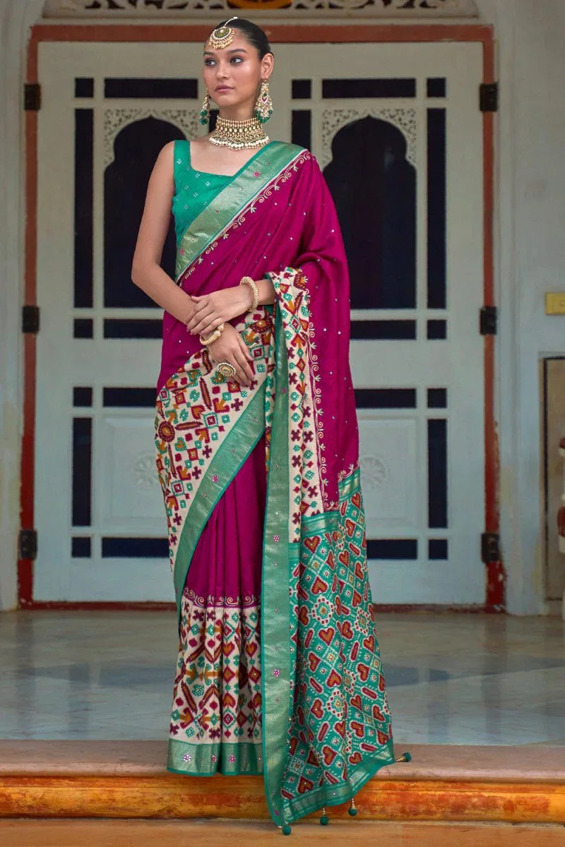 Pink And Green Patola Saree - EZBER