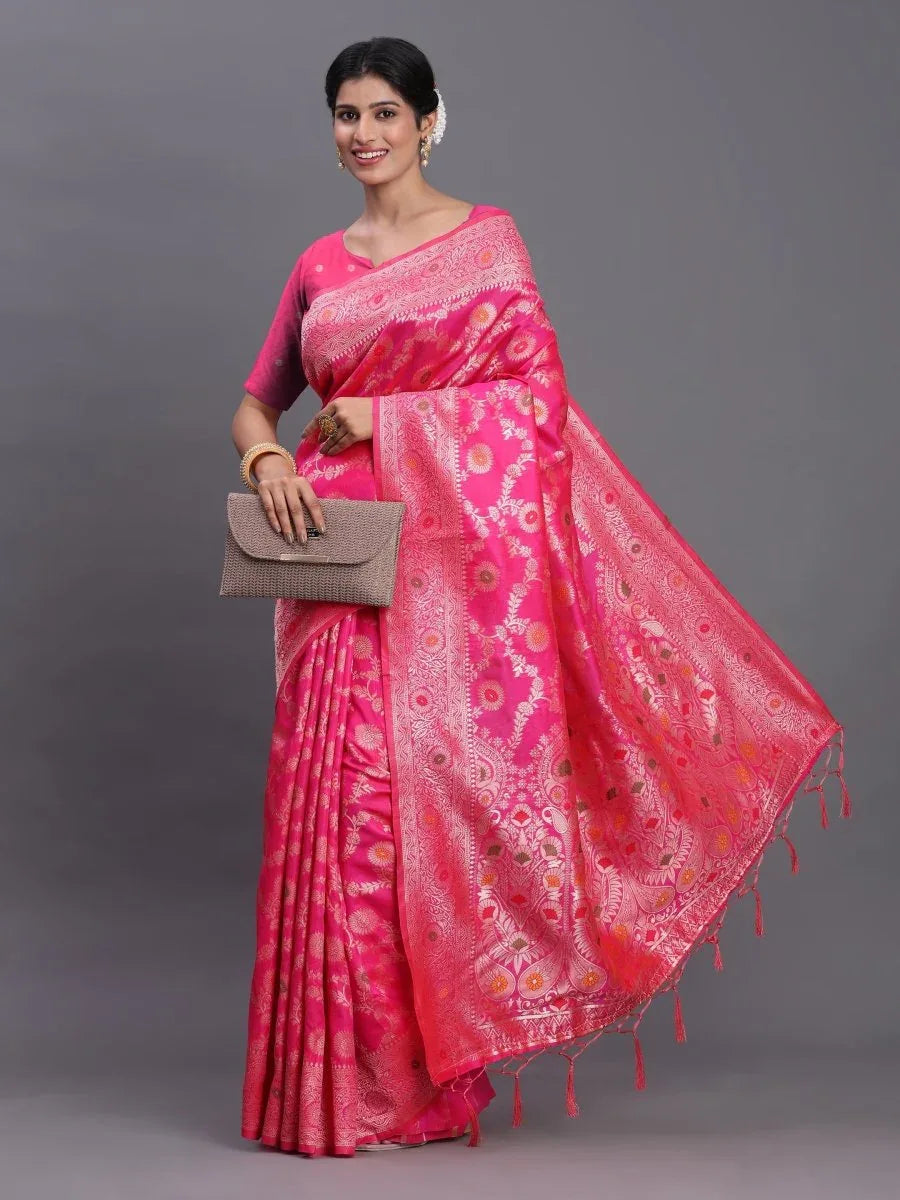 Pink Banarasi Silk Saree With Blouse Piece - EZBER