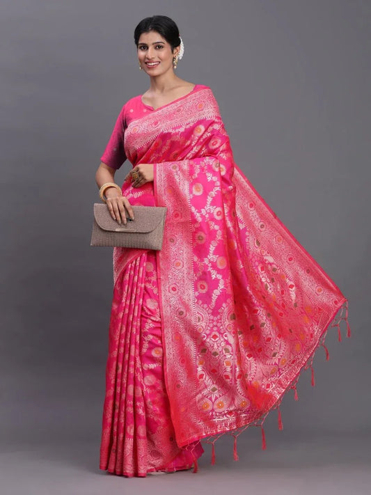 Pink Banarasi Silk Saree With Blouse Piece - EZBER