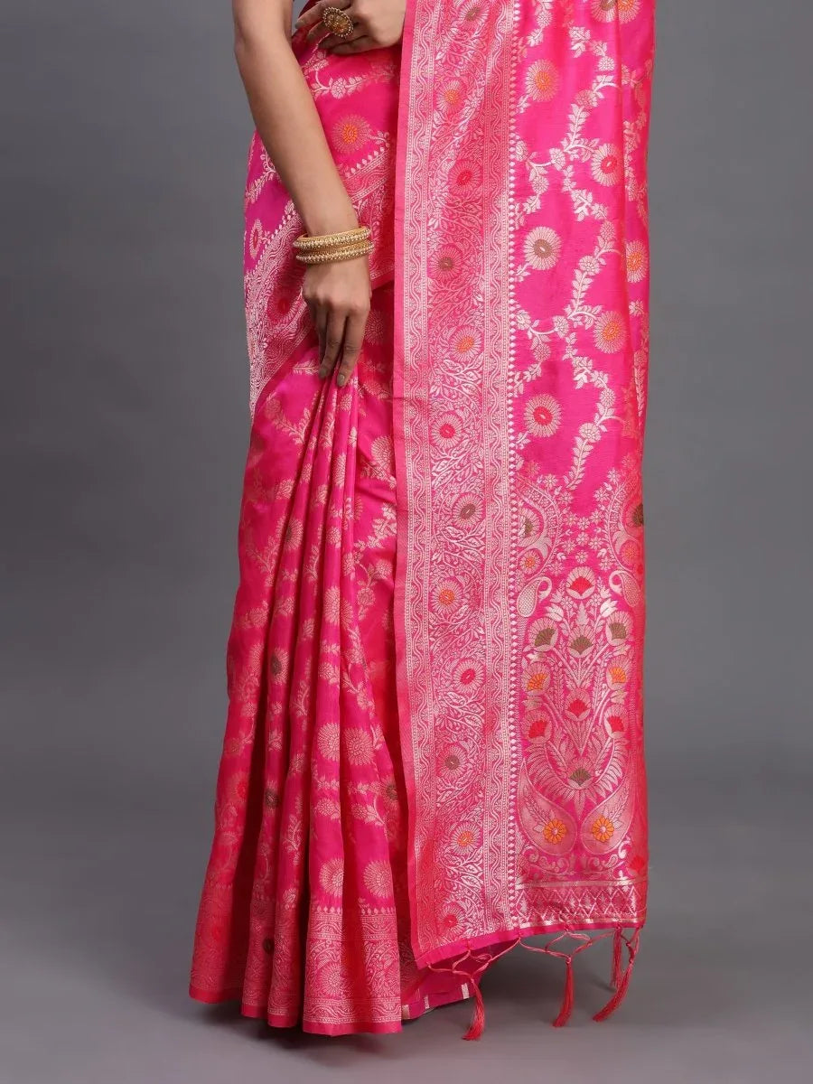 Pink Banarasi Silk Saree With Blouse Piece - EZBER