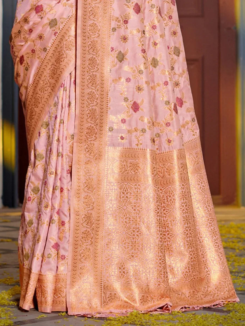 Pink Banarasi silk Saree With Blouse Piece - EZBER