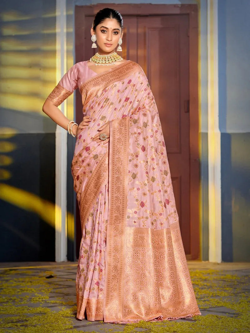 Pink Banarasi silk Saree With Blouse Piece - EZBER