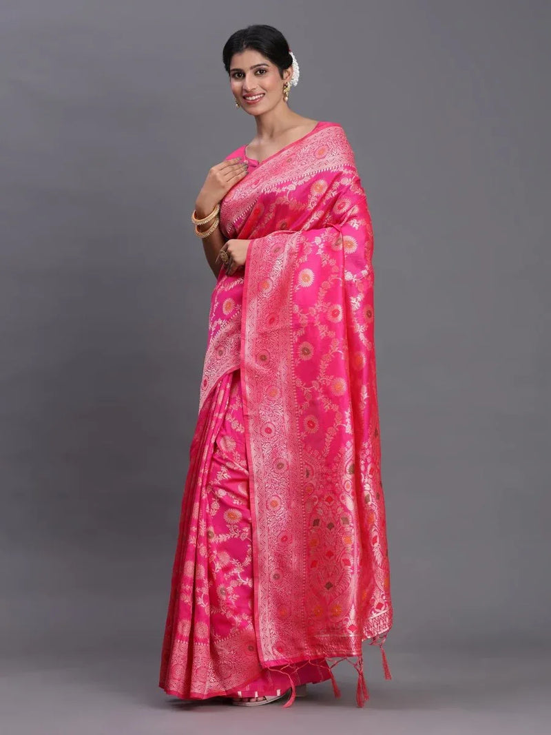 Pink Banarasi Silk Saree With Blouse Piece - EZBER