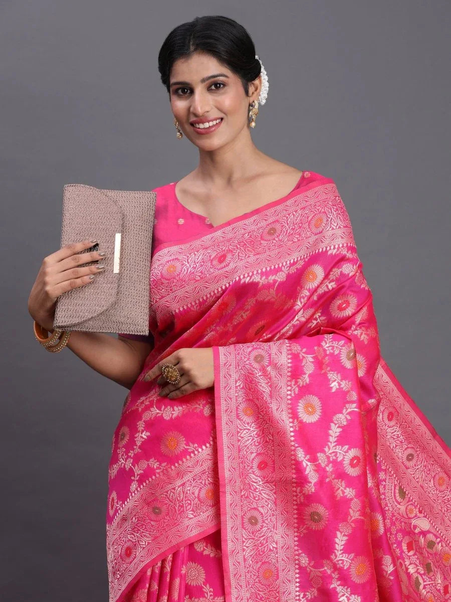 Pink Banarasi Silk Saree With Blouse Piece - EZBER