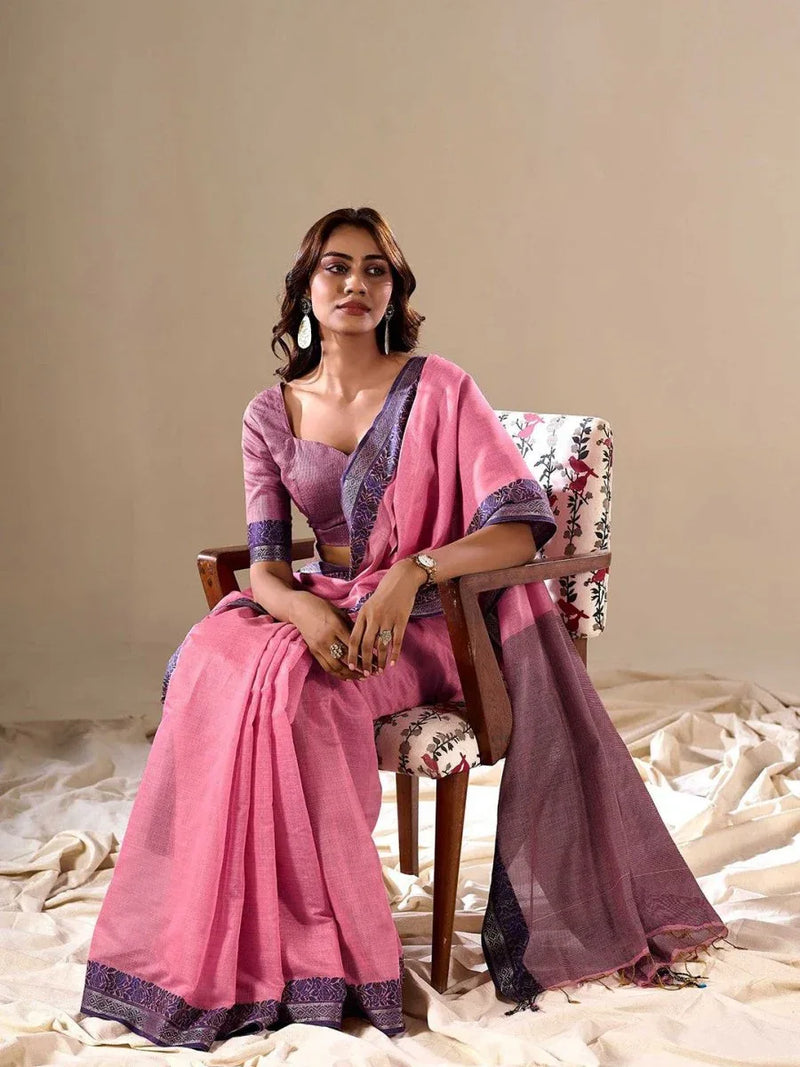 Pink Cotton Festive Wear Saree With Blouse Piece - EZBER