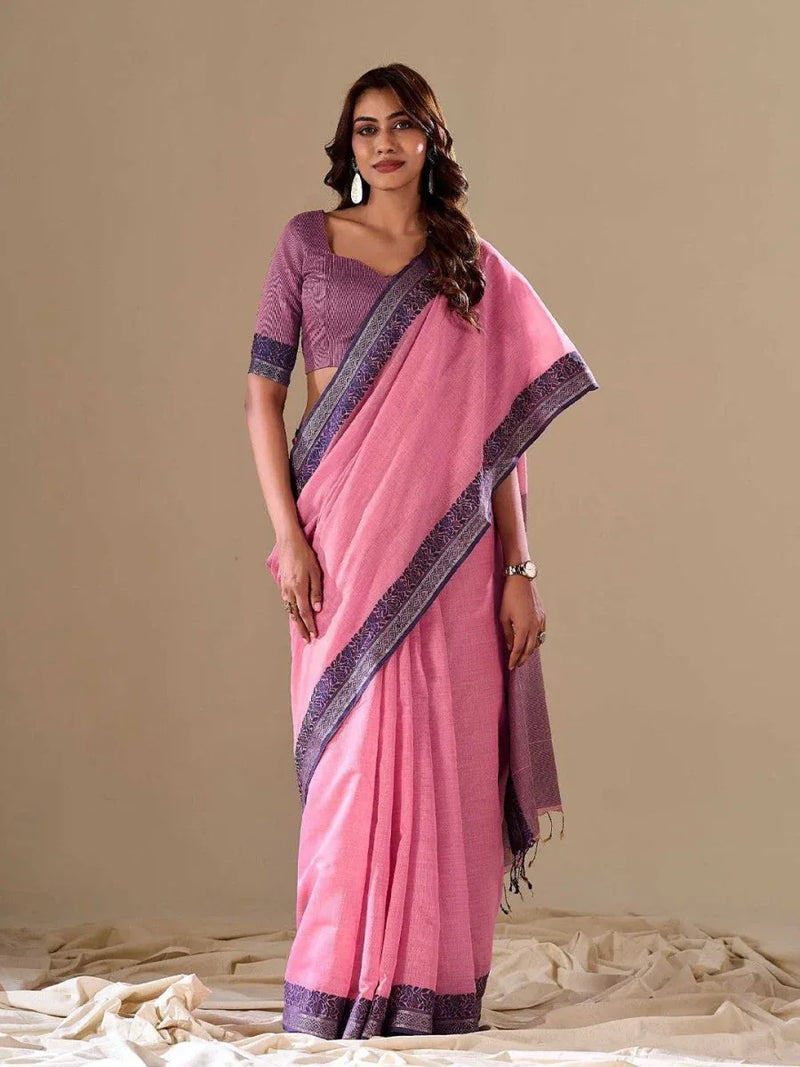 Pink Cotton Festive Wear Saree With Blouse Piece - EZBER