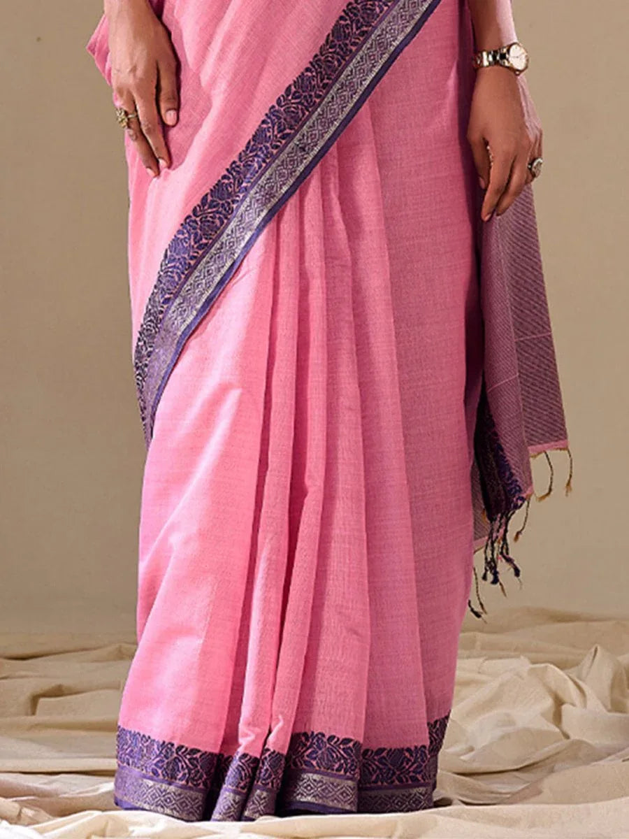 Pink Cotton Festive Wear Saree With Blouse Piece - EZBER