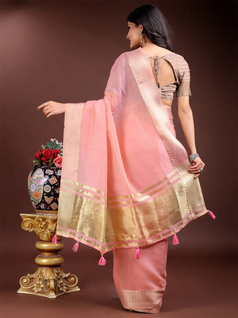 Pink Cotton Saree With Blouse Piece - EZBER