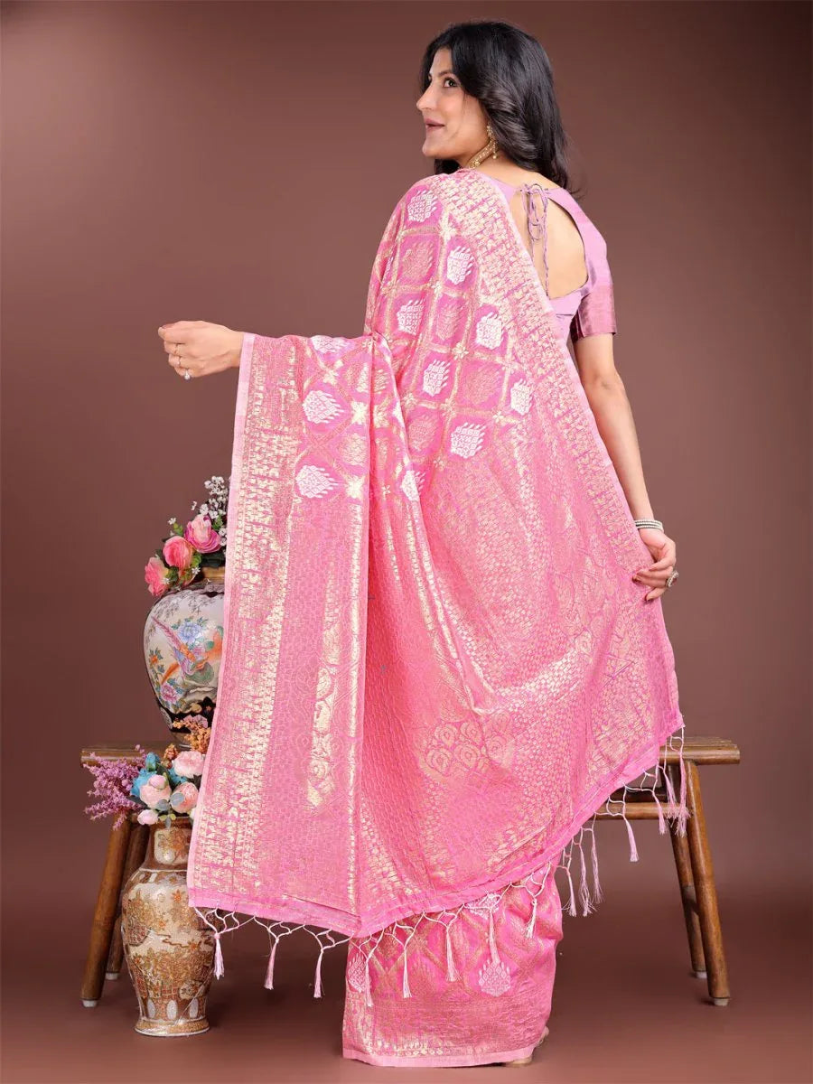 Pink Cotton Saree With Blouse Piece - EZBER
