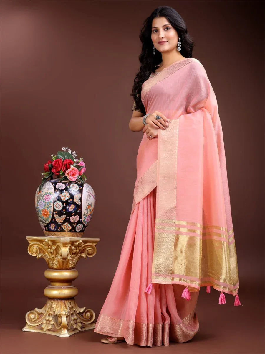 Pink Cotton Saree With Blouse Piece - EZBER