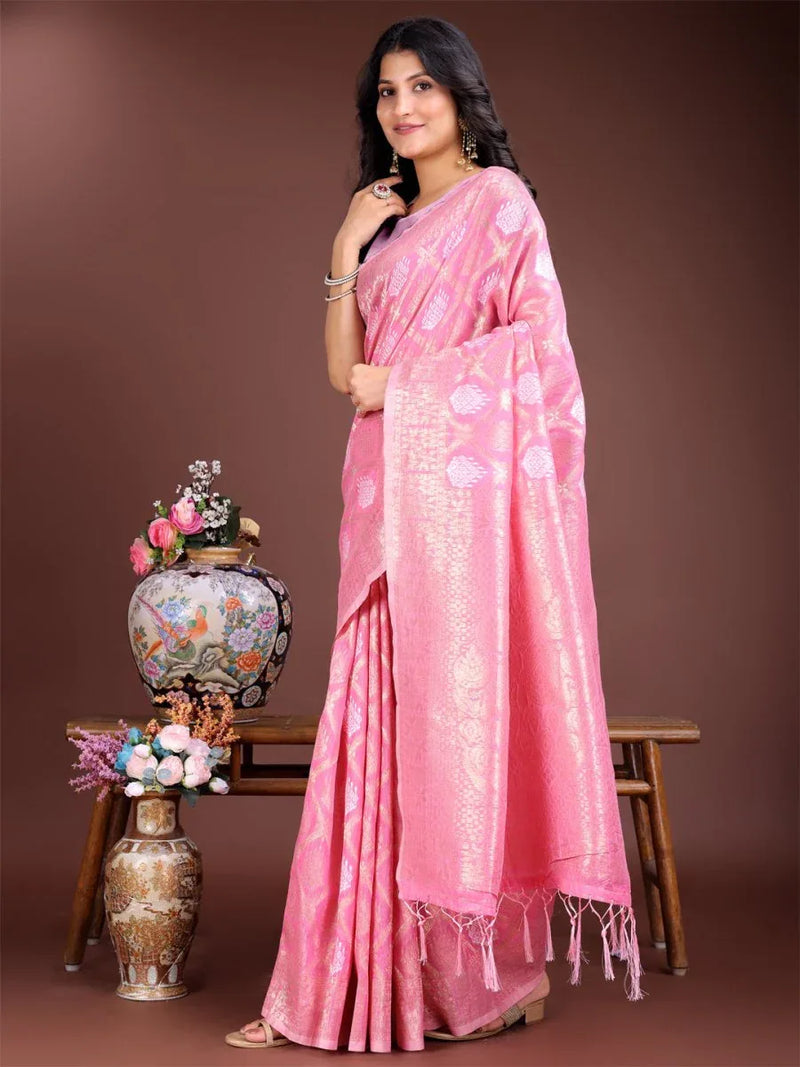 Pink Cotton Saree With Blouse Piece - EZBER