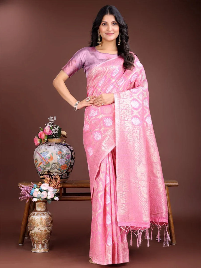Pink Cotton Saree With Blouse Piece - EZBER