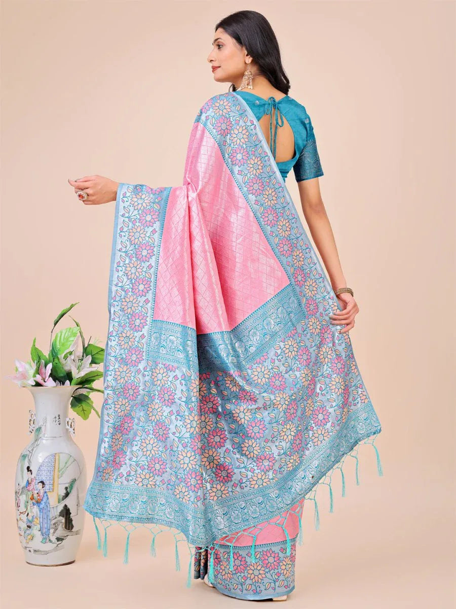 Pink Lichi Silk Saree With Blouse Piece - EZBER