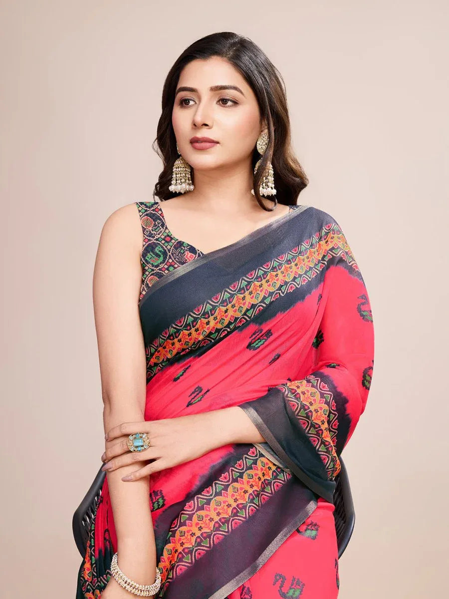 Pink Linen Blend Saree With Blouse Piece - EZBER