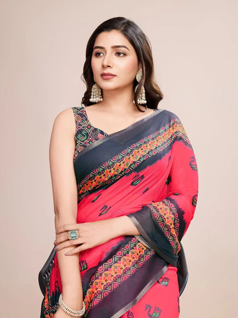 Pink Linen Blend Saree With Blouse Piece - EZBER