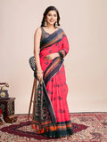 Pink Linen Blend Saree With Blouse Piece - EZBER