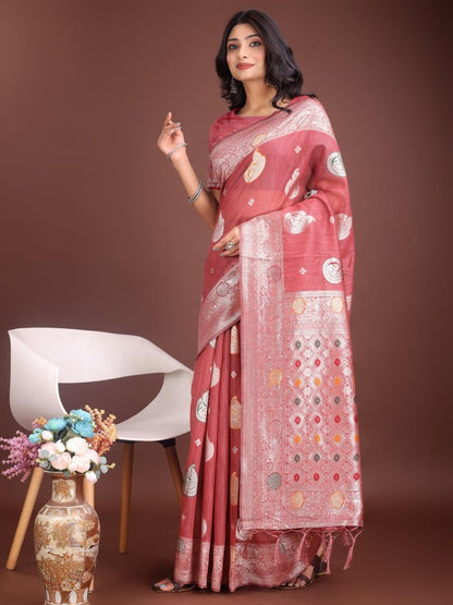 Pink Linen Cotton Brocade Saree | EZB SI04 ASBUL1005 - EZBER