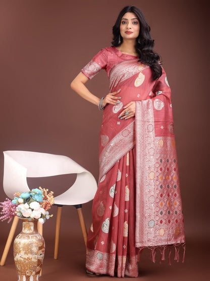 Pink Linen Cotton Brocade Saree | EZB SI04 ASBUL1005 - EZBER