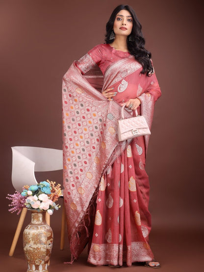 Pink Linen Cotton Brocade Saree | EZB SI04 ASBUL1005 - EZBER