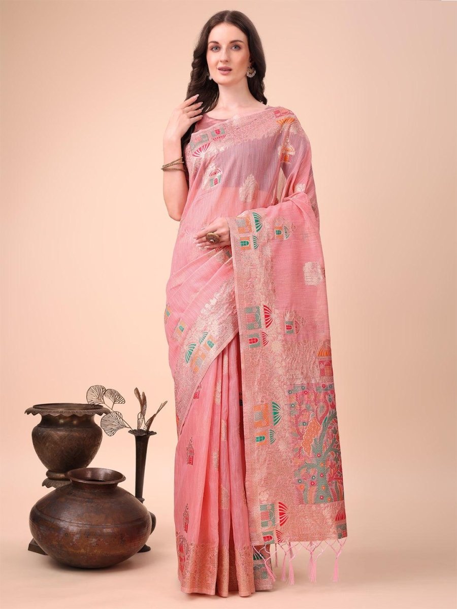 Pink Linen Cotton Brocade Saree | EZB SI04 ASLIN1002 - EZBER
