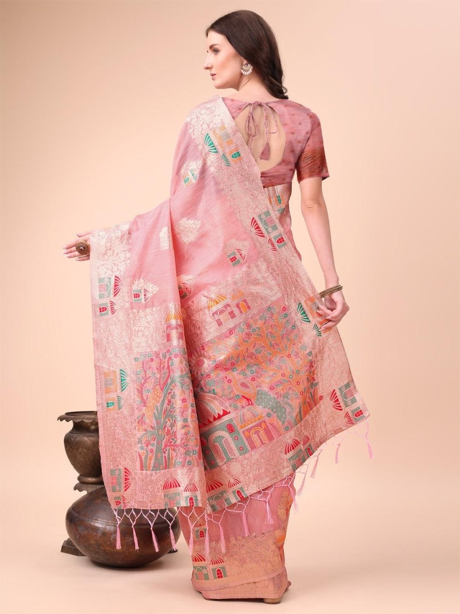 Pink Linen Cotton Brocade Saree | EZB SI04 ASLIN1002 - EZBER