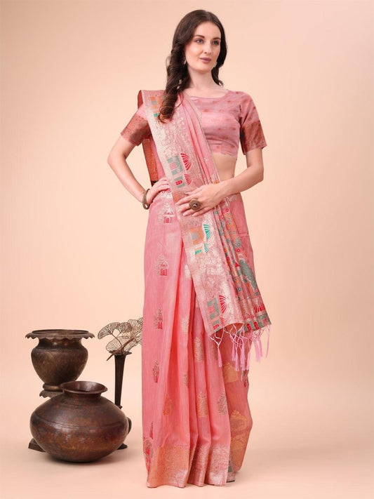 Pink Linen Cotton Brocade Saree | EZB SI04 ASLIN1002 - EZBER