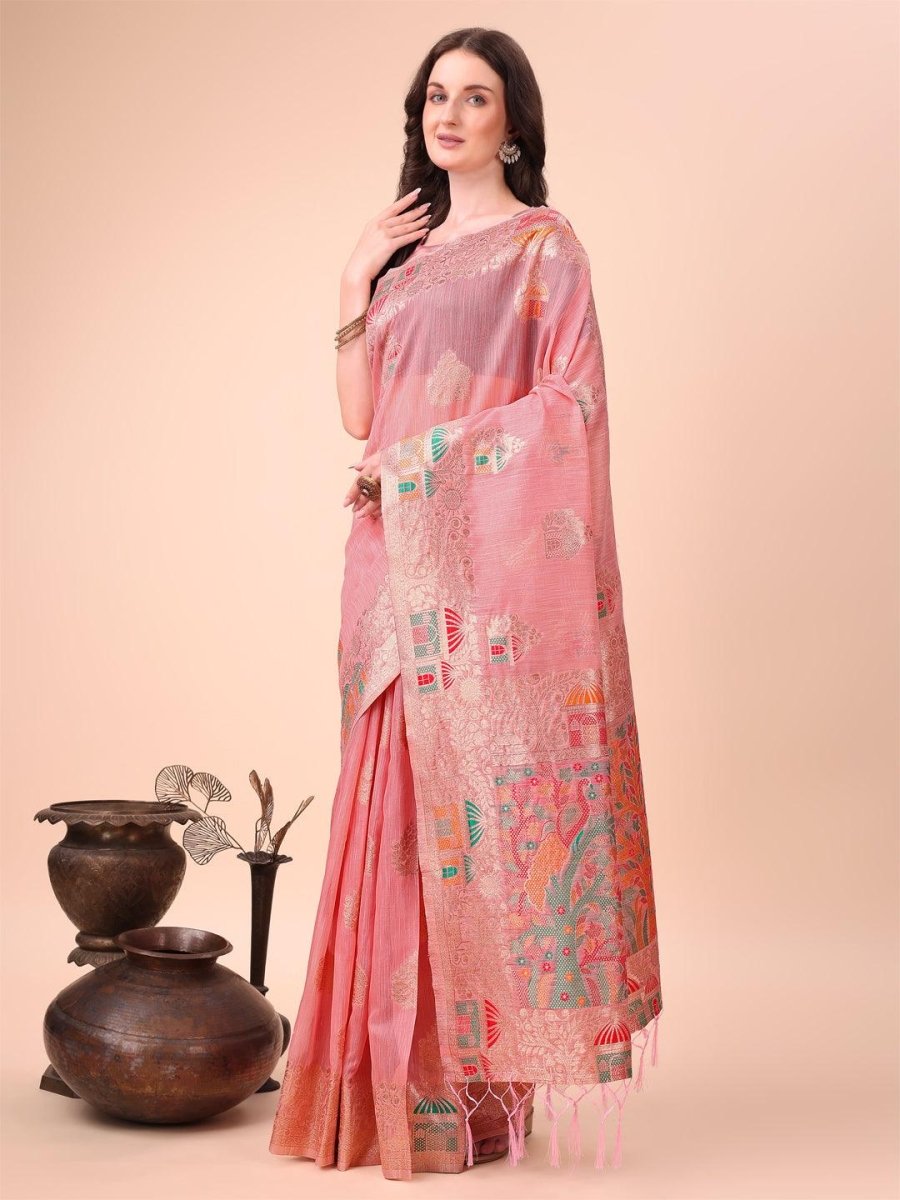 Pink Linen Cotton Brocade Saree | EZB SI04 ASLIN1002 - EZBER