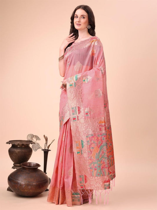 Pink Linen Cotton Brocade Saree | EZB SI04 ASLIN1002 - EZBER