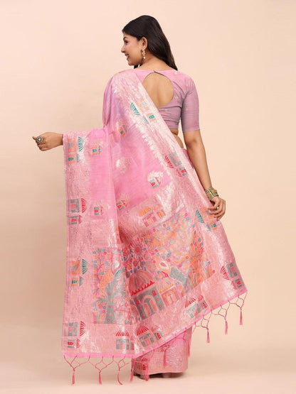 Pink Linen Cotton Brocade Saree | EZB SI04 ASLIS1002 - EZBER