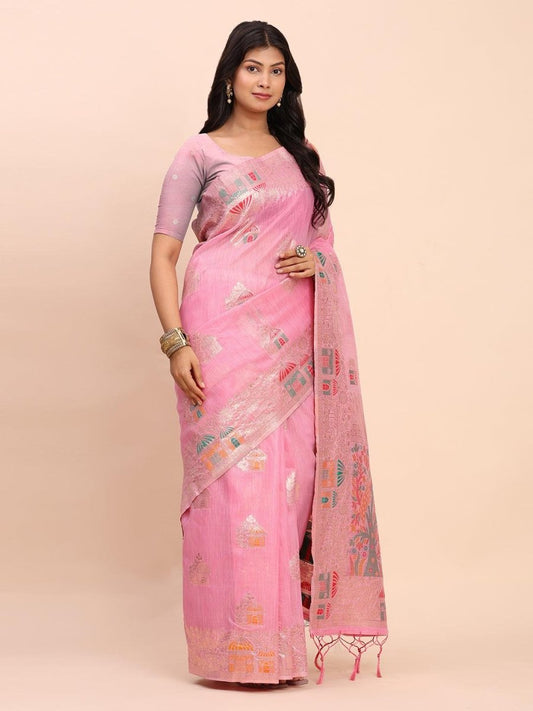 Pink Linen Cotton Brocade Saree | EZB SI04 ASLIS1002 - EZBER
