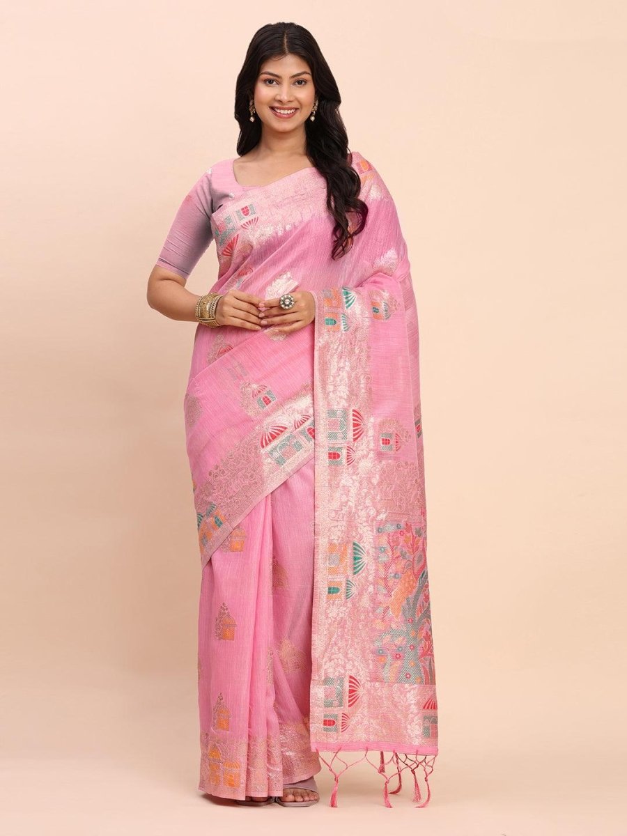 Pink Linen Cotton Brocade Saree | EZB SI04 ASLIS1002 - EZBER