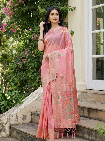 Pink Linen Cotton Brocade Saree | EZB SI04 SULIG1002 - EZBER