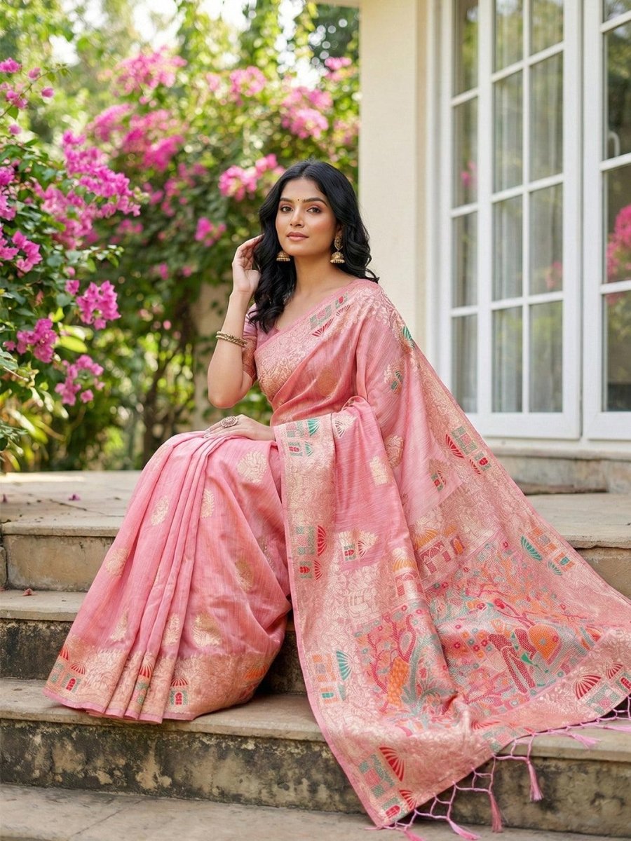 Pink Linen Cotton Brocade Saree | EZB SI04 SULIG1002 - EZBER