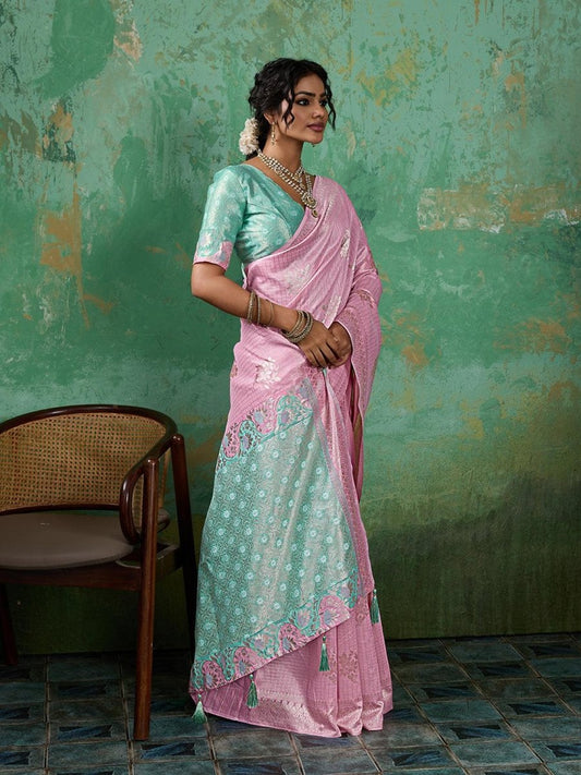 Pink Linen Cotton Contrast Pallu Saree | EZB SI04 SUBLO1005 - EZBER