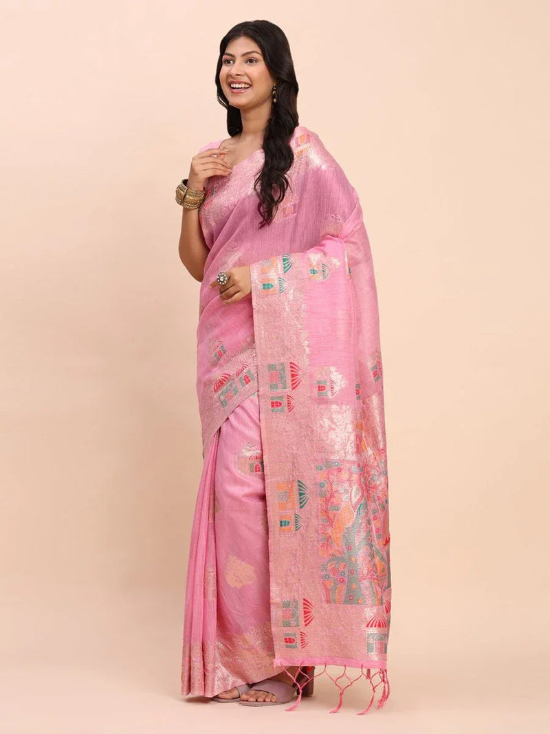Pink LINEN COTTON Saree With Blouse Piece - EZBER