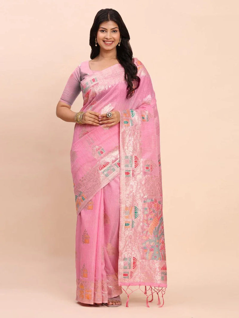 Pink LINEN COTTON Saree With Blouse Piece - EZBER