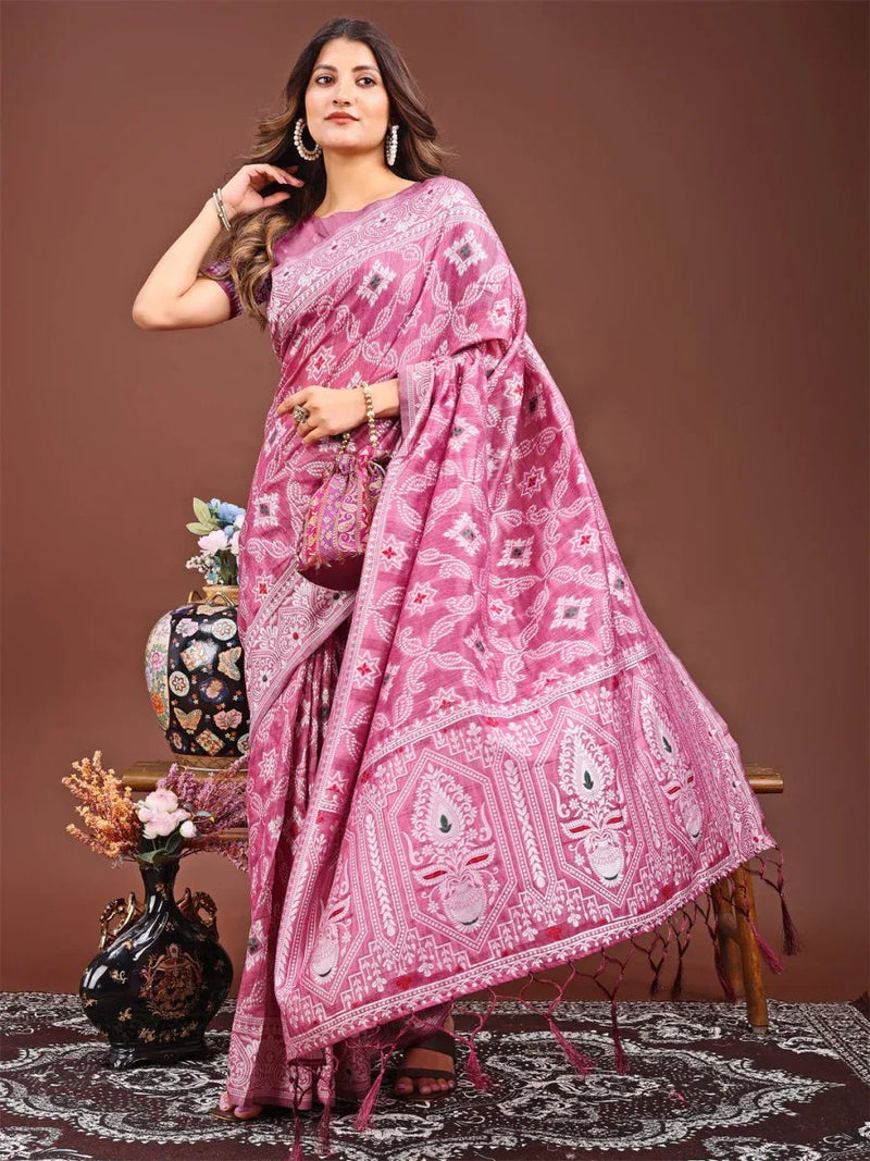 Pink Linen Cotton Saree With Blouse Piece - EZBER