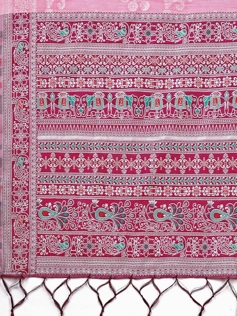 Pink Linen Cotton Saree With Blouse Piece - EZBER