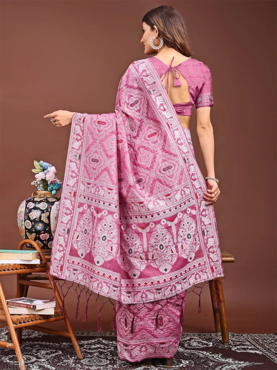 Pink Linen Cotton Saree With Blouse Piece - EZBER