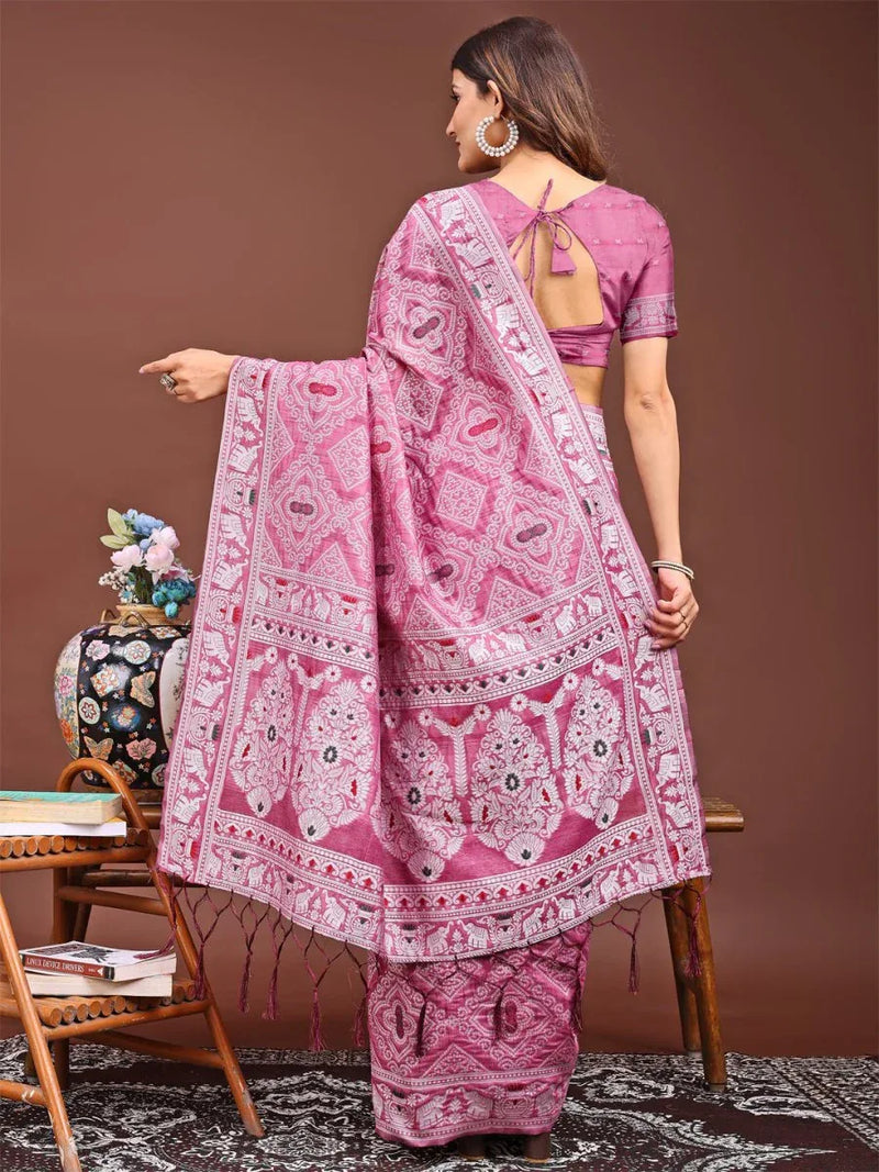 Pink Linen Cotton Saree With Blouse Piece - EZBER