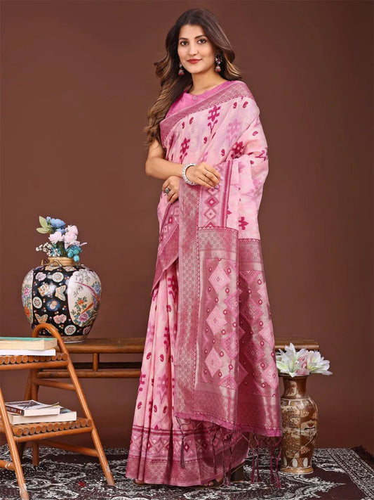 Pink Linen Cotton Saree With Blouse Piece - EZBER