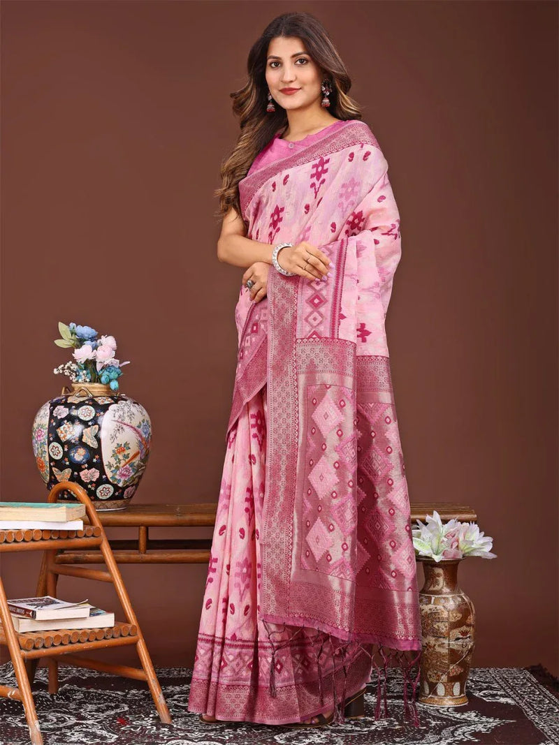 Pink Linen Cotton Saree With Blouse Piece - EZBER
