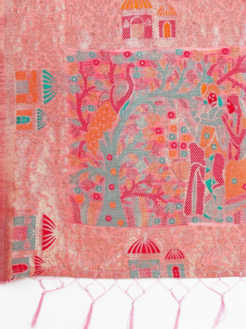 Pink Linen Cotton Saree With Blouse Piece - EZBER