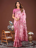 Pink Linen Cotton Saree With Blouse Piece - EZBER