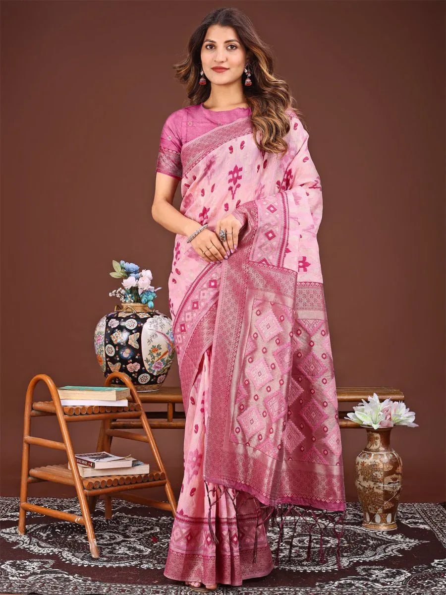 Pink Linen Cotton Saree With Blouse Piece - EZBER