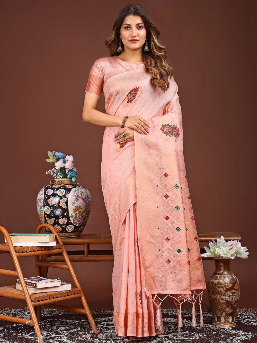 Pink Linen Cotton Saree With Blouse Piece - EZBER