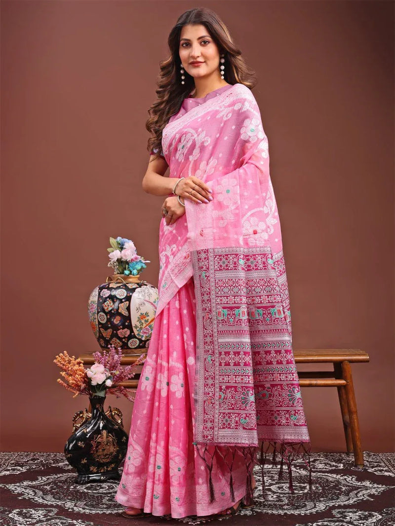Pink Linen Cotton Saree With Blouse Piece - EZBER
