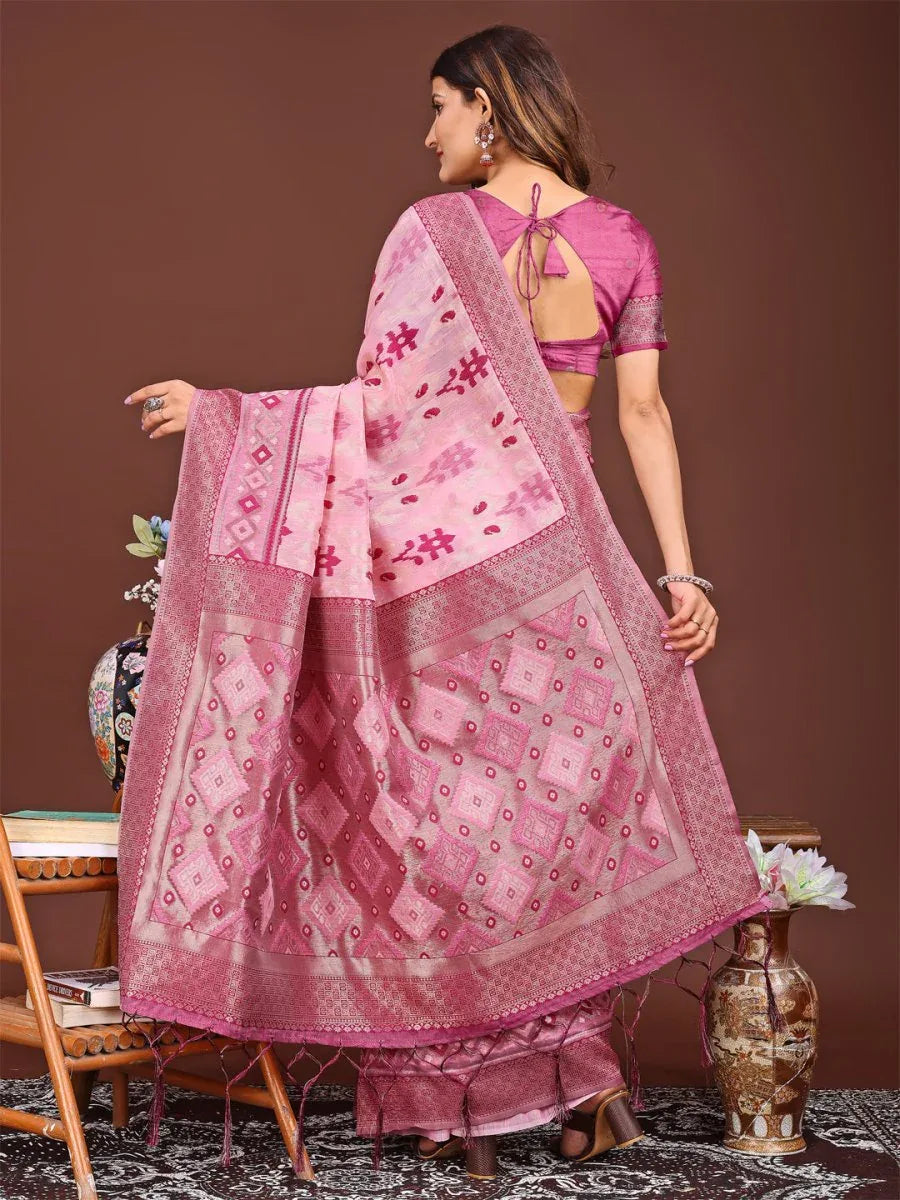 Pink Linen Cotton Saree With Blouse Piece - EZBER