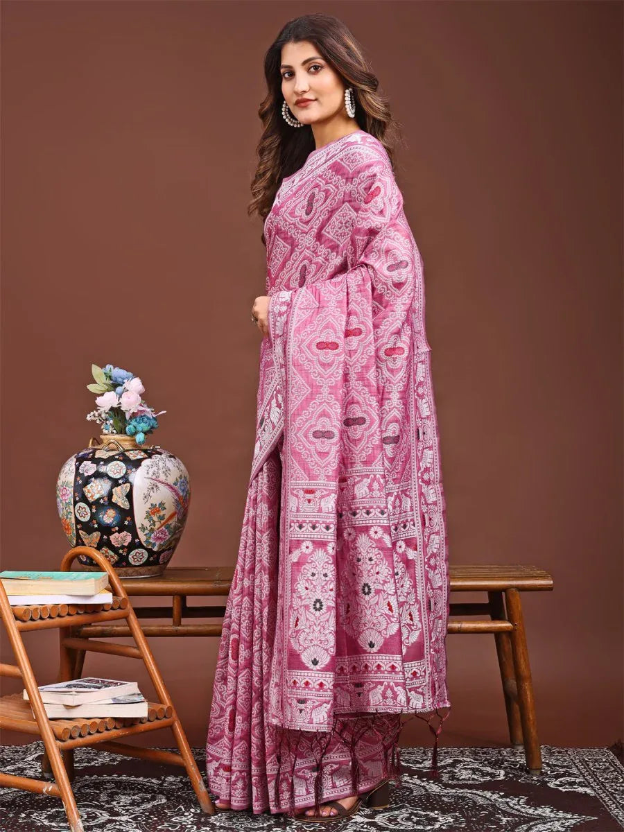 Pink Linen Cotton Saree With Blouse Piece - EZBER