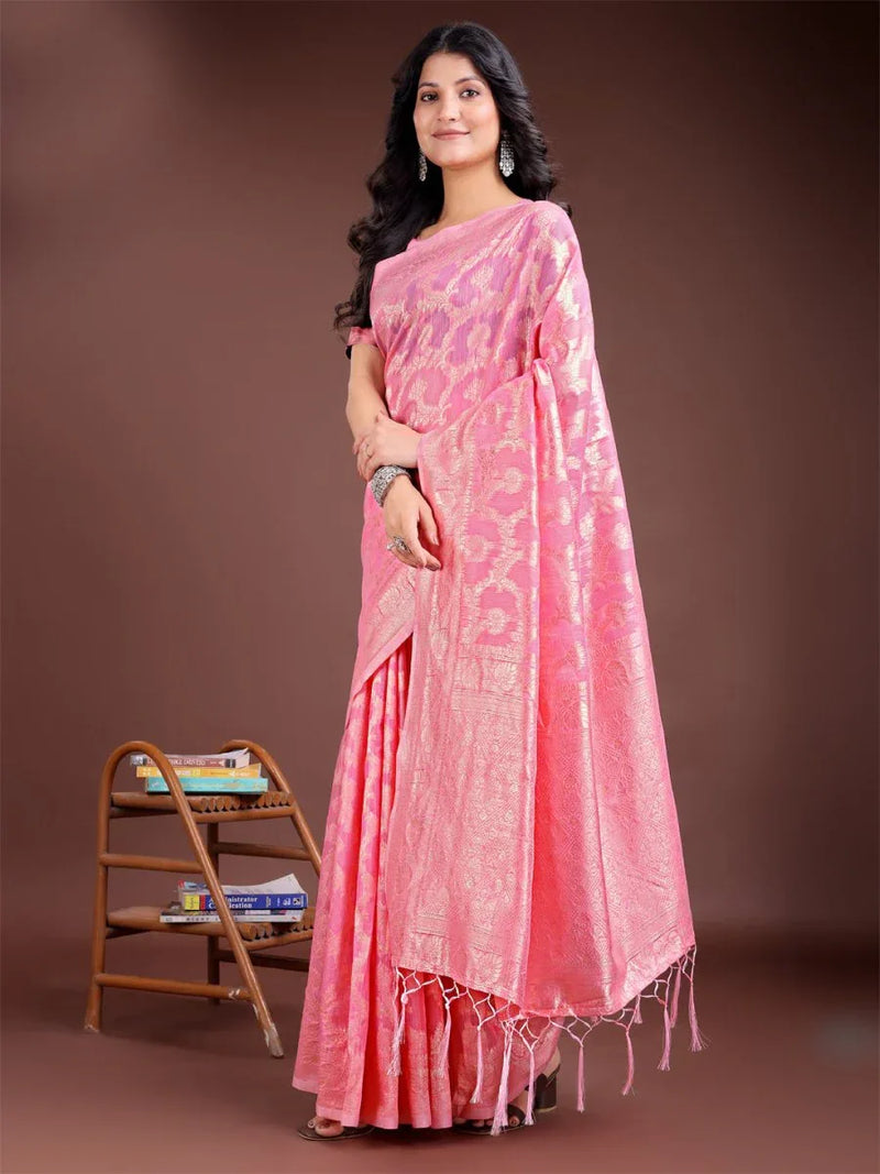 Pink Linen Cotton Saree With Blouse Piece - EZBER